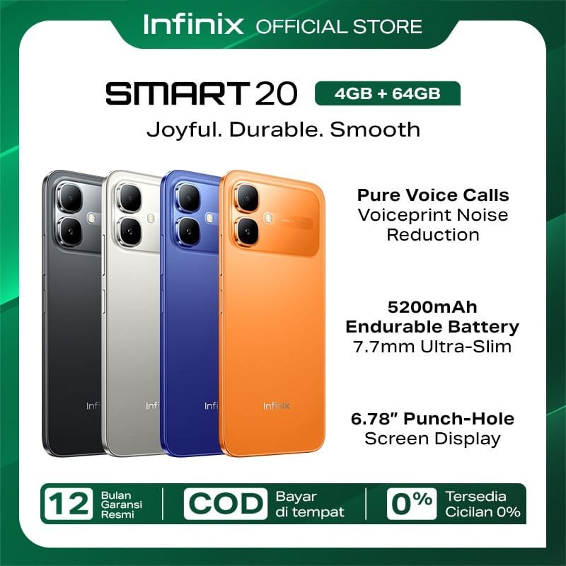 Infinix Smart 20 4/64GB – Up to 8GB Extended RAM – Mediatek Helio G81 – 6.78” – 8MP – 5200 mAh – IP64